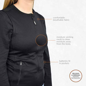 Black heated jacket showing breathable fabric moisture wicking mesh and battery pockets with Belgian and German technology