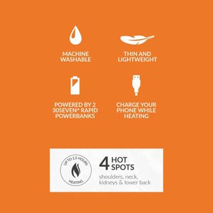 30Seven heated garment features including machine washable, lightweight, powerbank compatibility, and four heat zones