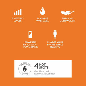 30seven product features including 4 heating levels, machine washable, lightweight, powerbank, and 4 heating zones