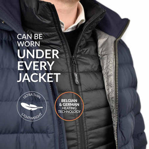 30seven ultra thin lightweight heated vest worn under a navy jacket