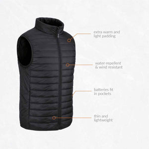 30seven black heated vest with callouts for padding, water resistance, battery pockets, and lightweight design