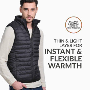 Man wearing a 30seven black heated vest with Belgian and German heating technology label