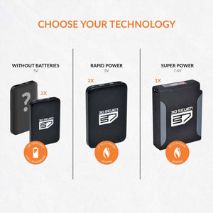 30seven battery technology comparison chart showing options for external power, rapid power, and super power