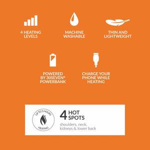 30seven product features including four heating levels, machine washable, lightweight, powerbank, and four hot spots