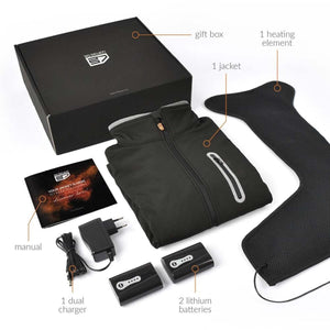 30seven heated jacket set including gift box, heating element, manual, dual charger, and two lithium batteries