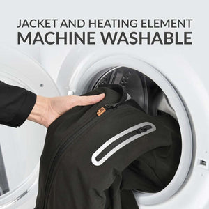Hand placing a 30seven heated jacket into a washing machine