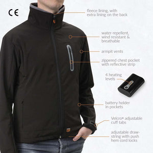 30seven heated jacket features fleece lining, water-repellent fabric, armpit vents, and adjustable cuffs