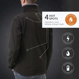 30seven heated jacket showing four heating zones on shoulders neck kidneys and lower back with battery features