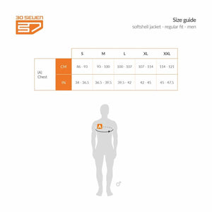 30 Seven men softshell jacket regular fit size guide showing chest measurements in centimeters and inches
