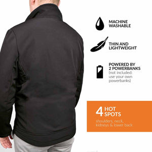 30seven heated jacket back view with machine washable lightweight and 4 heating zones features