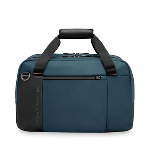 Blue Briggs and Riley duffel bag with black handles and front zipper pocket