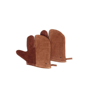 Pair of brown suede Snow Peak oven mitts with small logo