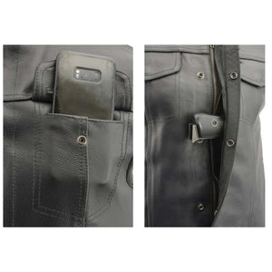 Milwaukee Leather jacket showing smartphone pocket and concealed carry holster
