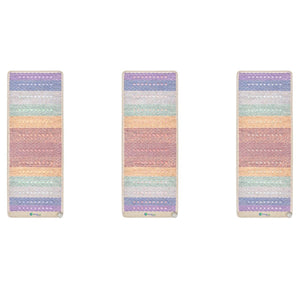 Three HealthyLine gemstone therapy mats with colorful striped patterns