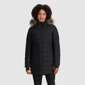 Outdoor Research black hooded down parka with faux fur trim