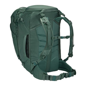 Back view of green Thule backpack with adjustable shoulder straps and waist belt