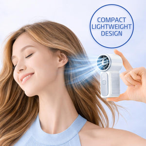 Woman holding a small white portable handheld fan with a digital display