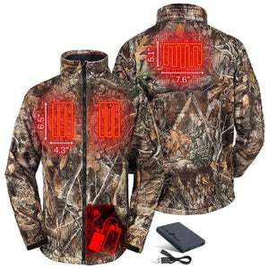 ActionHeat camouflage jacket showing internal heating element locations and battery pack