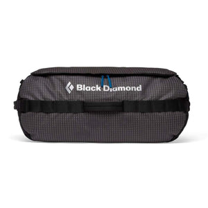 Black Diamond black duffel bag with white grid pattern and front carry handle