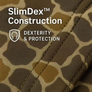 Glacier Glove SlimDex construction graphic showing camouflage fabric texture with dexterity and protection text
