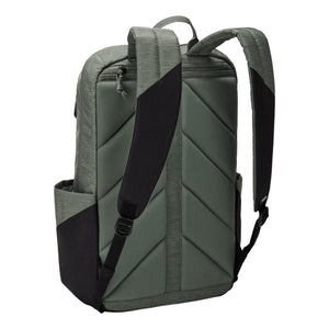 Back view of a Thule olive green backpack with padded shoulder straps and side pockets