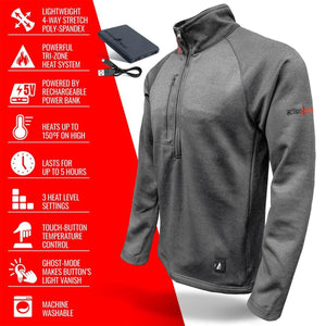 ActionHeat grey fleece quarter zip with power bank and feature list