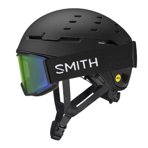 Smith Optics matte black ski helmet with integrated green mirrored goggles and Mips safety technology