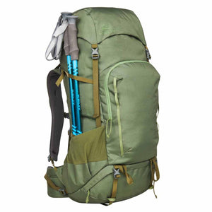 Kelty olive green hiking backpack with trekking poles attached to the side