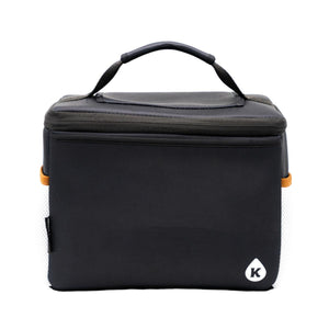 Black insulated lunch cooler bag with top handle and white mesh side pockets