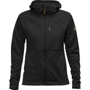 FjallRaven black hooded softshell jacket with front zip and chest pocket