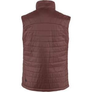 Back view of a dark red FjallRaven quilted vest with a high collar