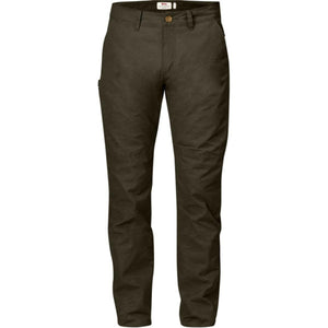 FjallRaven dark olive green outdoor trousers with belt loops and button fly