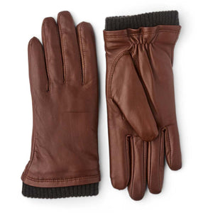 Hestra brown leather gloves with ribbed knit cuffs