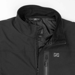 Mobile Warming black mens large softshell jacket collar and chest pocket detail
