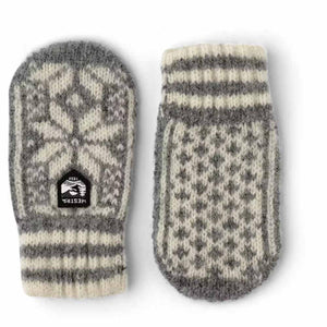 Hestra grey and white patterned wool mittens