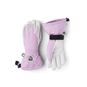 Hestra light purple and grey ski gloves with adjustable wrist straps