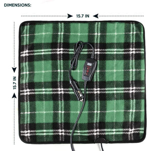Zone Tech green plaid heated seat cushion with 15.7 inch by 15.7 inch dimensions and car power adapter