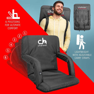 Chaheati portable stadium seat showing six adjustable reclining positions and backpack carry straps