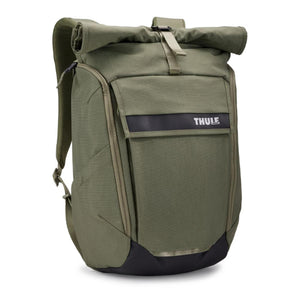 Thule olive green rolltop backpack with front pocket and black base