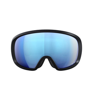 Black ski goggles with a reflective blue Zeiss lens