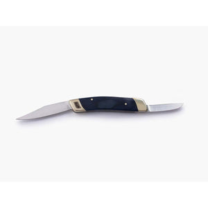 Barebones folding pocket knife with two open blades and dark wood handle