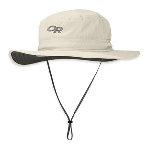 Outdoor Research beige sun hat with dark brim underside and adjustable chin strap