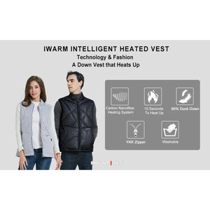 Mount Tec iWarm heated down vest features carbon nanofiber heating, 10 second heat up, YKK zipper, and is washable