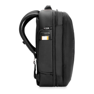Side view of a black Briggs and Riley backpack with a retractable ID tag