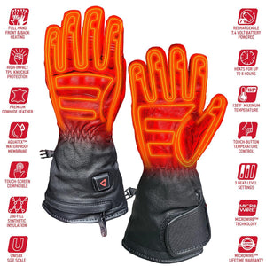 Gerbing heated leather gloves with feature icons detailing battery life, insulation, and waterproof membrane