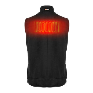 Back view of black Mobile Warming fleece vest with glowing red heating element graphic