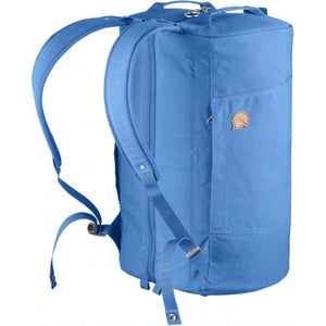 Blue FjallRaven duffel backpack with shoulder straps and side pocket