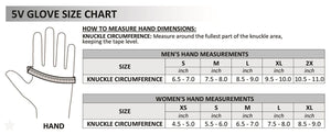 Temp360 5V glove size chart showing knuckle circumference measurements for men and women