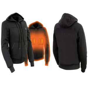 Black zip up hoodie with front and back views and highlighted heating zones