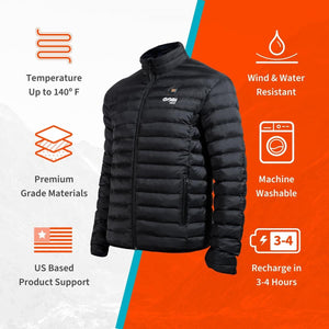 Gobi Heat black puffer jacket with feature icons for temperature, weather resistance, washability, and battery life